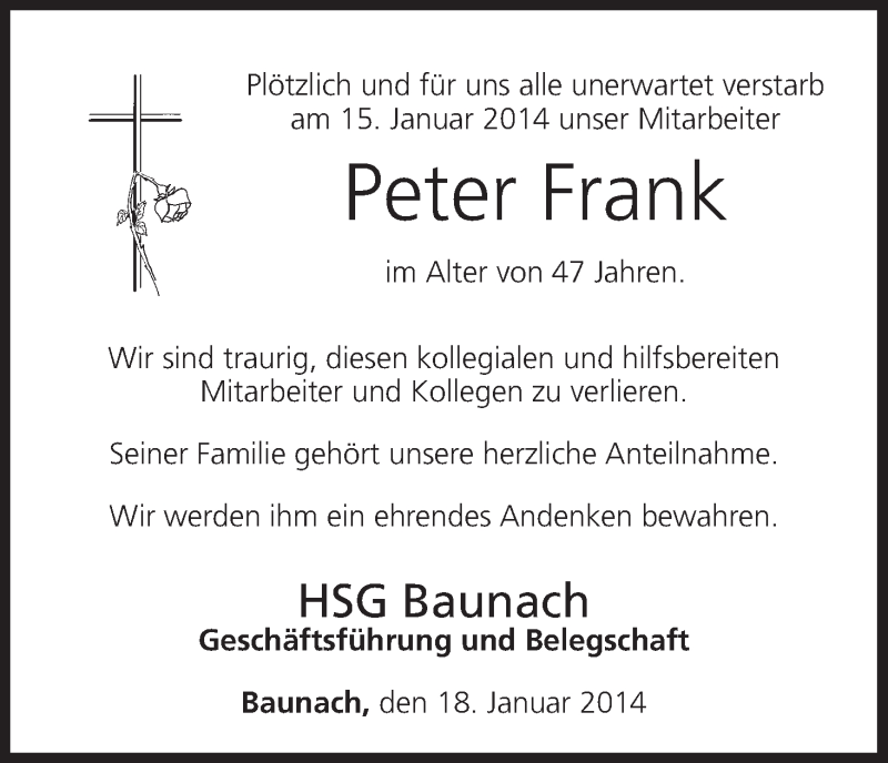  Traueranzeige für Peter Frank vom 18.01.2014 aus MGO