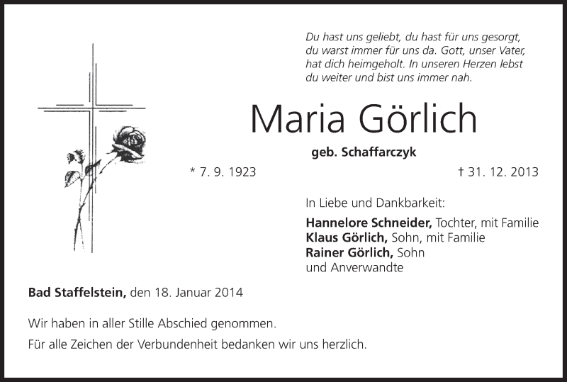  Traueranzeige für Maria Görlich vom 18.01.2014 aus MGO