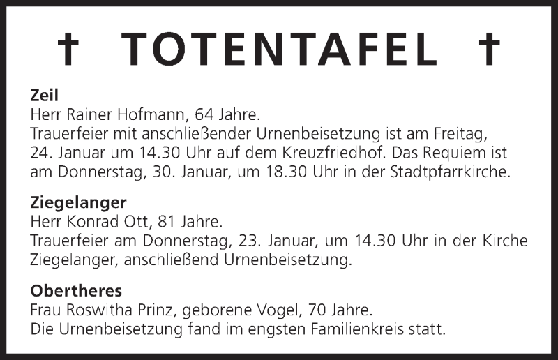  Traueranzeige für Totentafel vom 20.01.2014 vom 20.01.2014 aus MGO