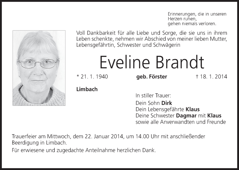  Traueranzeige für Eveline Brandt vom 20.01.2014 aus MGO