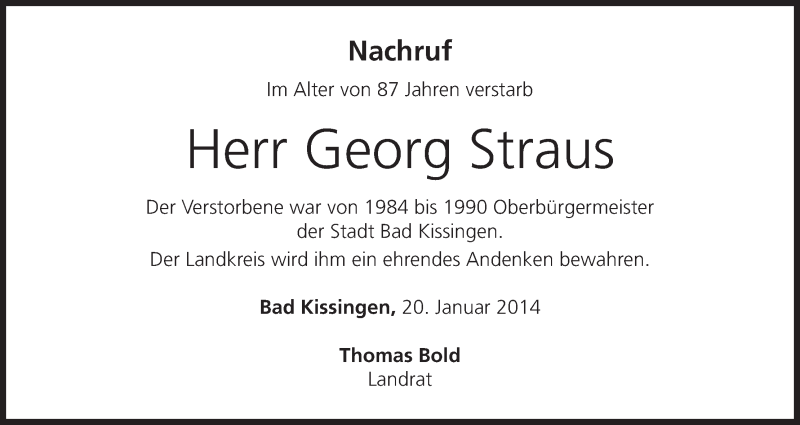  Traueranzeige für Georg Straus vom 20.01.2014 aus MGO