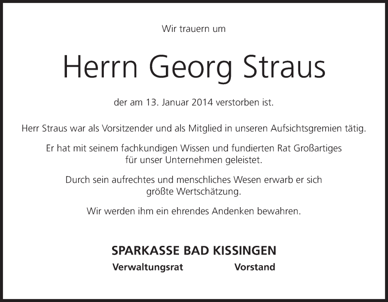  Traueranzeige für Georg Straus vom 20.01.2014 aus MGO