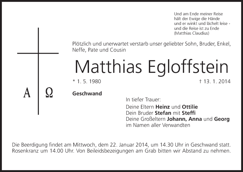  Traueranzeige für Matthias Egloffstein vom 20.01.2014 aus MGO