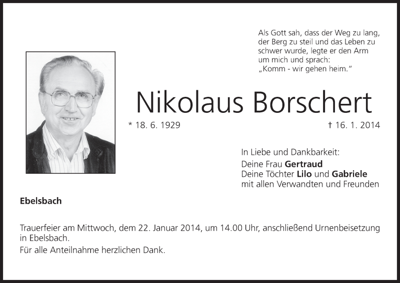  Traueranzeige für Nikolaus Borschert vom 18.01.2014 aus MGO