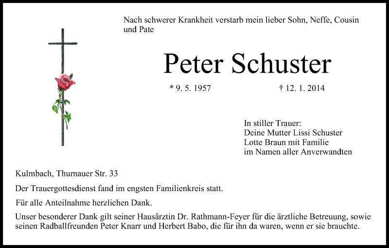  Traueranzeige für Peter Schuster vom 18.01.2014 aus MGO