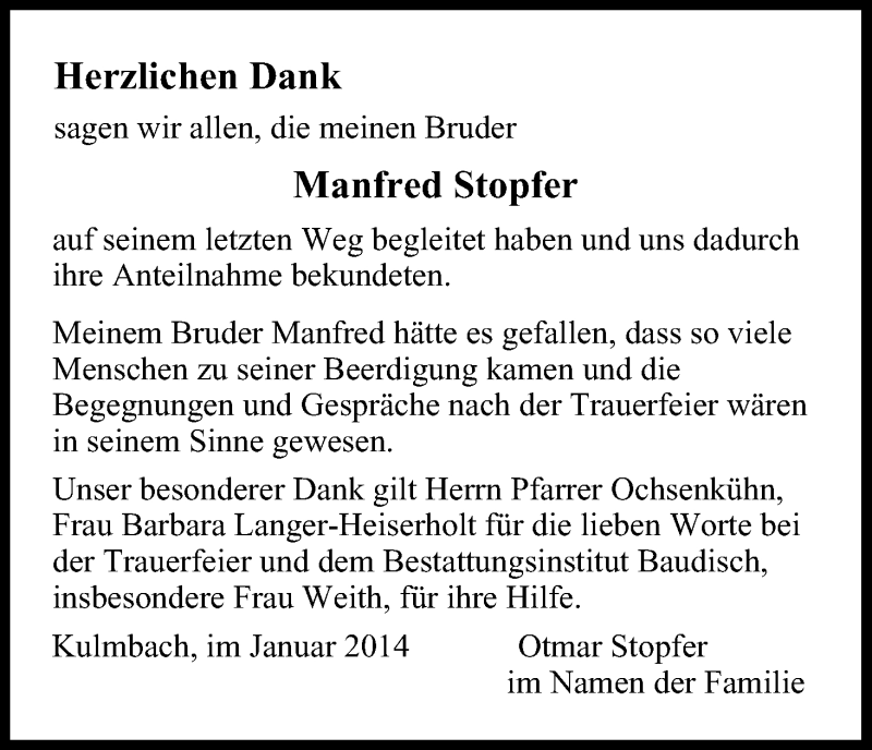 Traueranzeige für Manfred Stopfer vom 18.01.2014 aus MGO