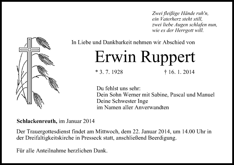  Traueranzeige für Erwin Ruppert vom 20.01.2014 aus MGO