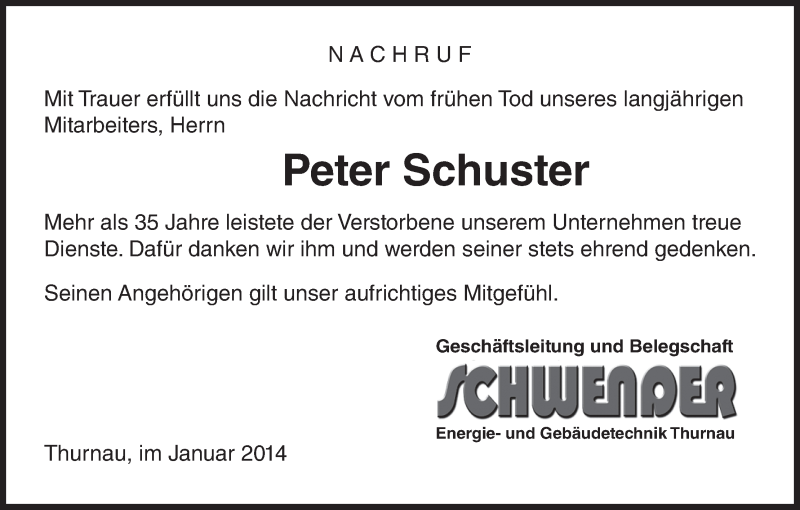  Traueranzeige für Peter Schuster vom 18.01.2014 aus MGO