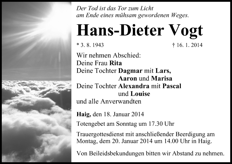 Traueranzeige für Hans-Dieter Vogt vom 18.01.2014 aus MGO