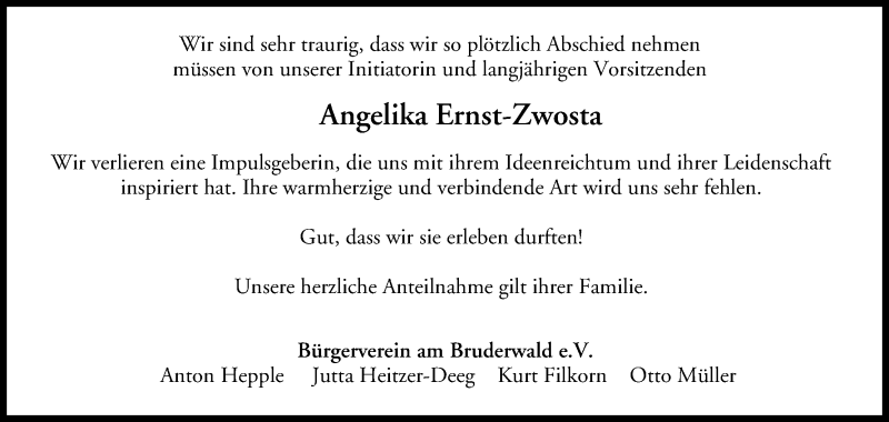  Traueranzeige für Angelika Ernst-Zwosta vom 20.01.2014 aus MGO