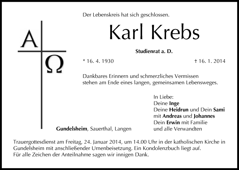  Traueranzeige für Karl Krebs vom 21.01.2014 aus MGO