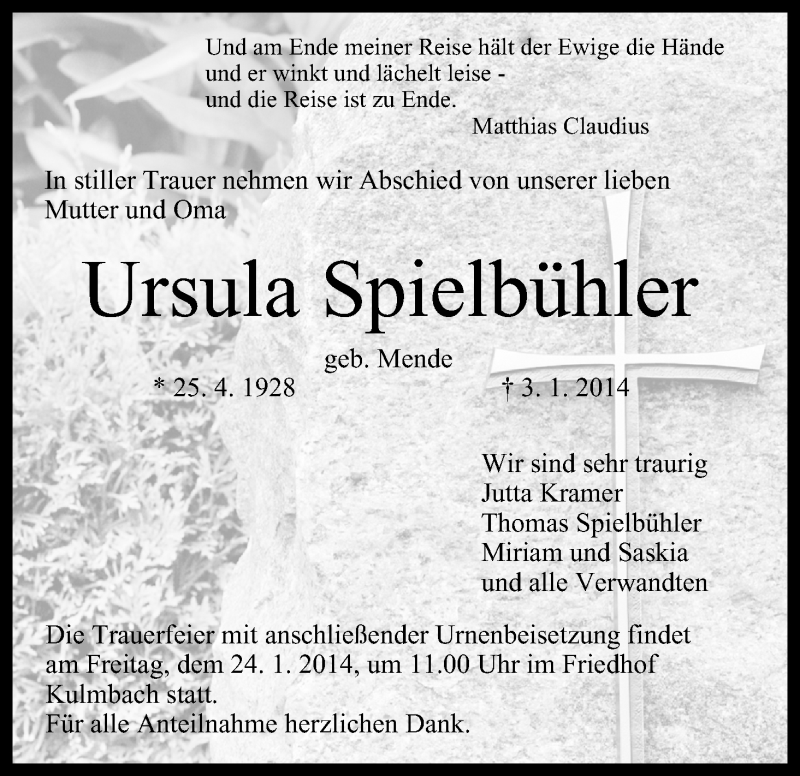  Traueranzeige für Ursula Spielbühler vom 21.01.2014 aus MGO