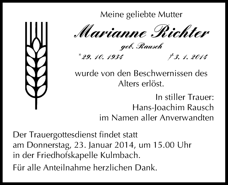  Traueranzeige für Marianne Richter vom 21.01.2014 aus MGO