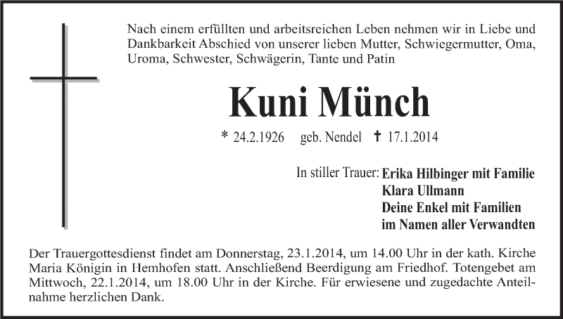  Traueranzeige für Kuni Münch vom 21.01.2014 aus MGO