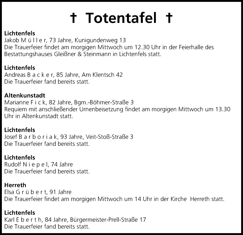  Traueranzeige für Totentafel vom 21.01.2014 vom 21.01.2014 aus MGO