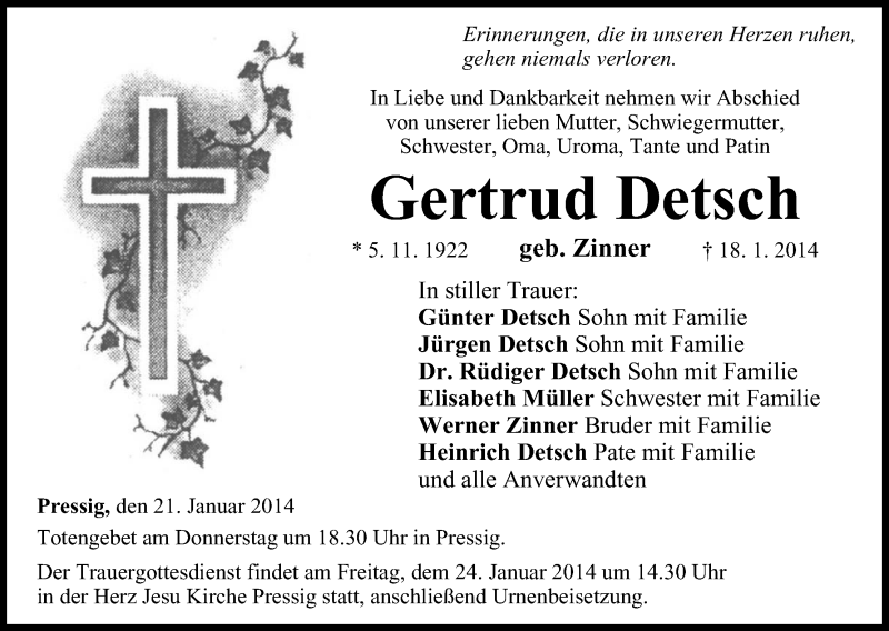  Traueranzeige für Gertrud Detsch vom 21.01.2014 aus MGO