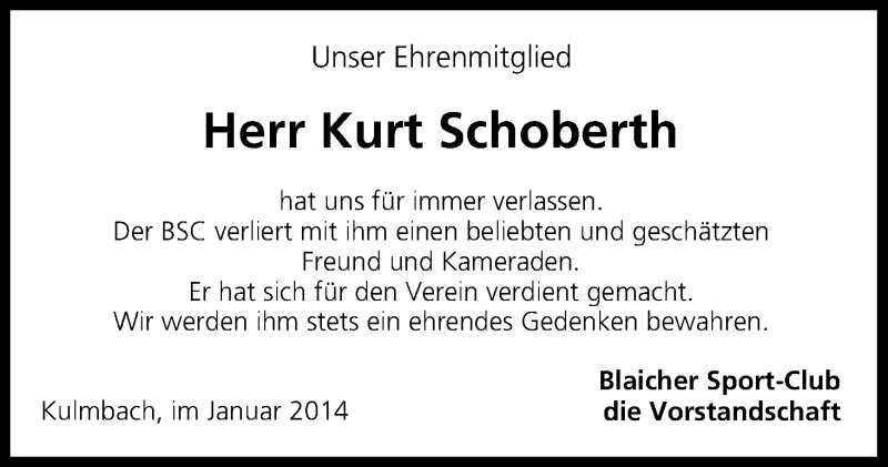  Traueranzeige für Kurt Schoberth vom 21.01.2014 aus MGO