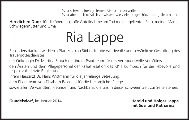  Traueranzeige für Ria Lappe vom 25.01.2014 aus MGO
