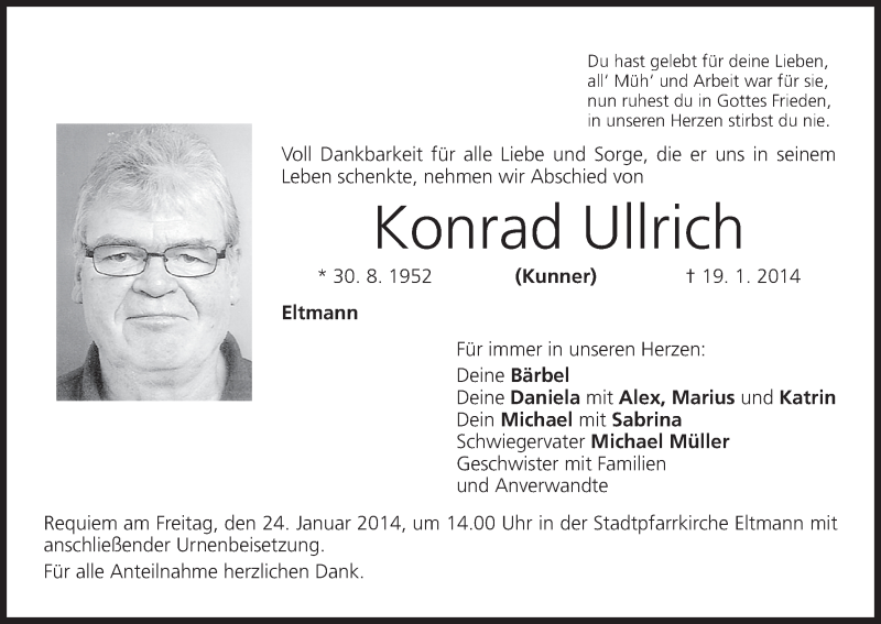  Traueranzeige für Konrad Ullrich vom 22.01.2014 aus MGO