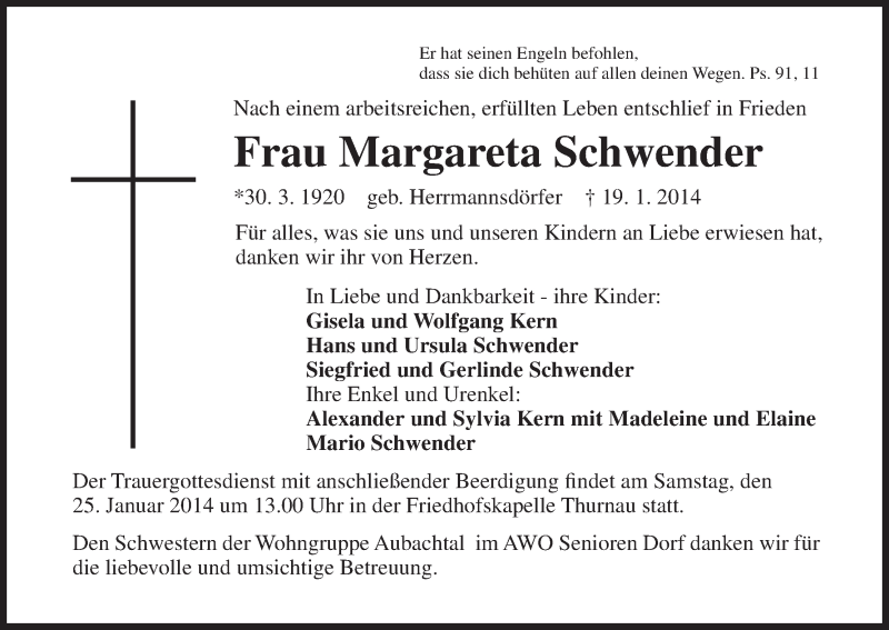 Traueranzeige für Margareta Schwender vom 23.01.2014 aus MGO