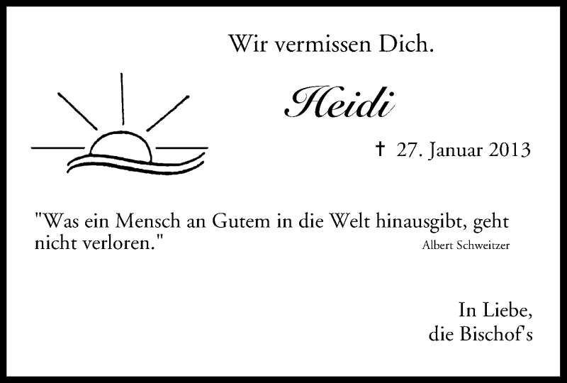  Traueranzeige für Heidi  vom 25.01.2014 aus MGO