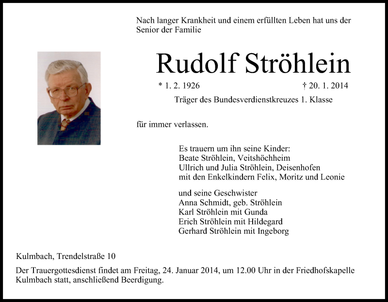  Traueranzeige für Rudolf Ströhlein vom 23.01.2014 aus MGO
