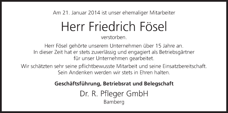  Traueranzeige für Friedrich Fösel vom 24.01.2014 aus MGO