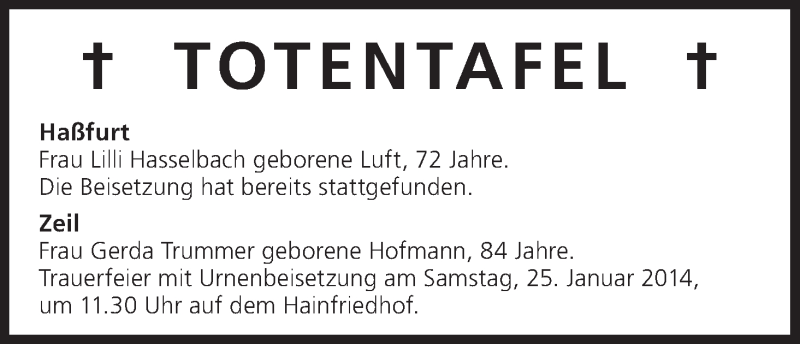  Traueranzeige für Totentafel vom 24.01.2014 vom 24.01.2014 aus MGO
