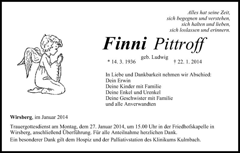  Traueranzeige für Finni  Pittroff vom 25.01.2014 aus MGO