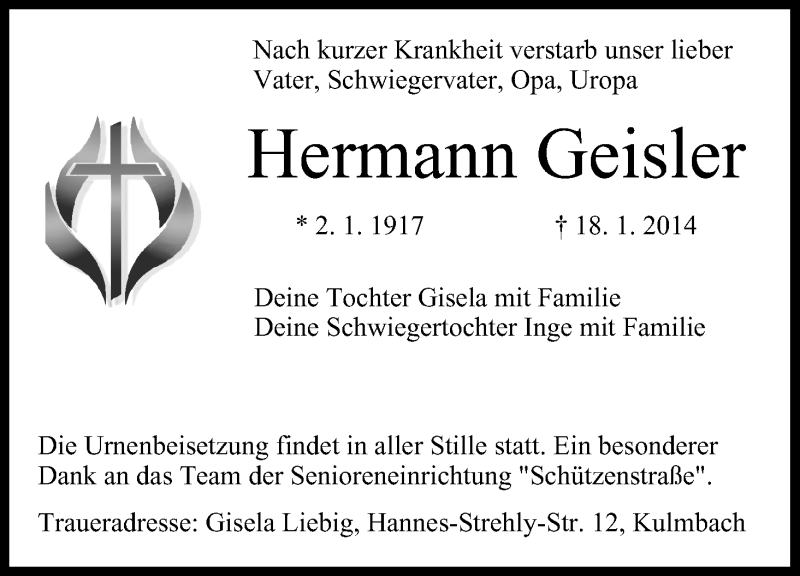  Traueranzeige für Hermann Geisler vom 25.01.2014 aus MGO
