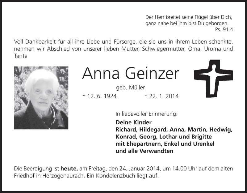  Traueranzeige für Anna Geinzer vom 24.01.2014 aus MGO