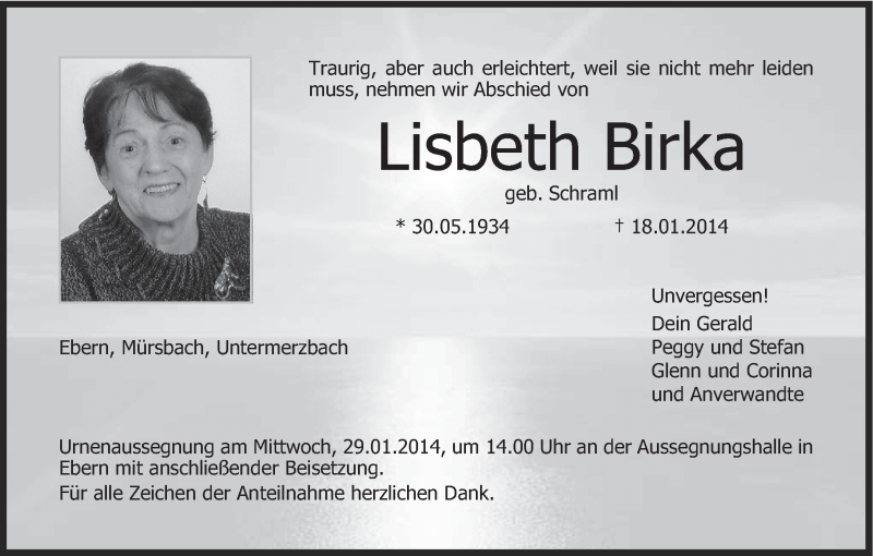  Traueranzeige für Lisbeth Birka vom 25.01.2014 aus MGO