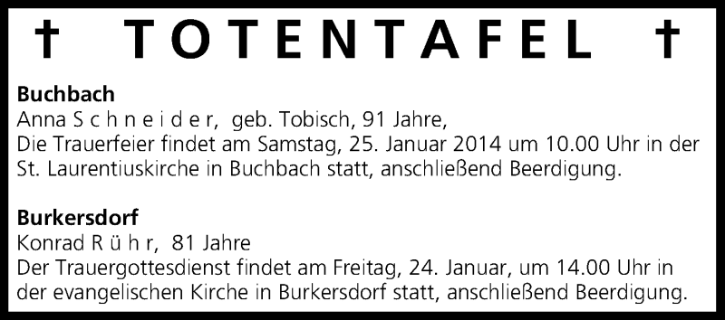  Traueranzeige für Totentafel vom 24.01.2014 vom 24.01.2014 aus MGO