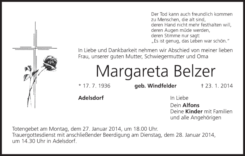  Traueranzeige für Margareta Belzer vom 25.01.2014 aus MGO