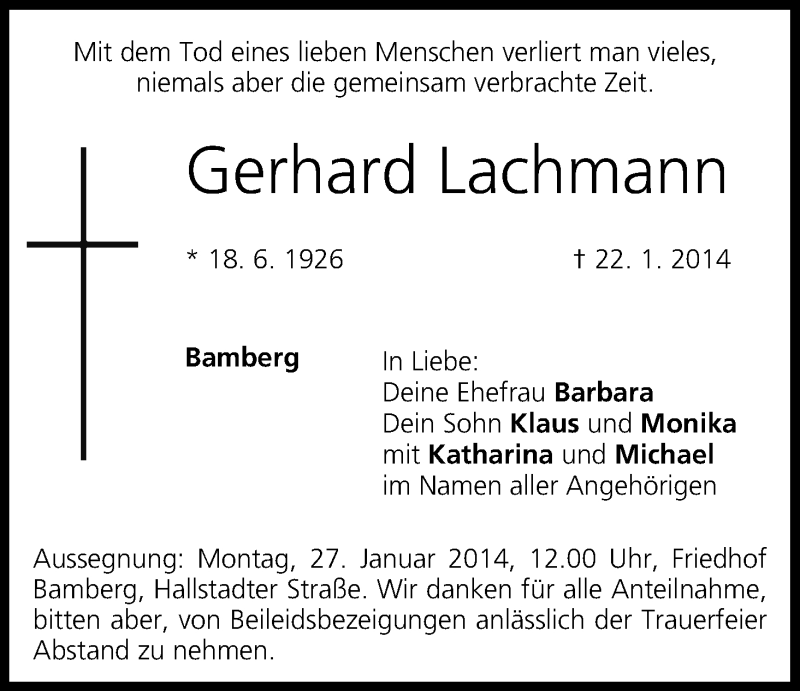  Traueranzeige für Gerhard Lachmann vom 25.01.2014 aus MGO