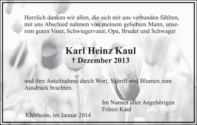  Traueranzeige für Karl Hienz Kaul vom 25.01.2014 aus MGO