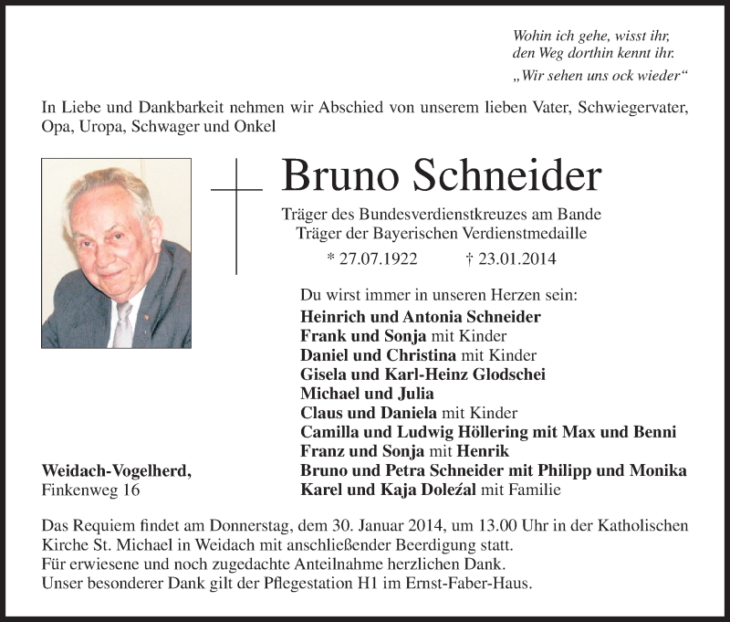  Traueranzeige für Bruno Schneider vom 25.01.2014 aus MGO