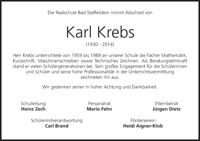  Traueranzeige für Karl Krebs vom 25.01.2014 aus MGO