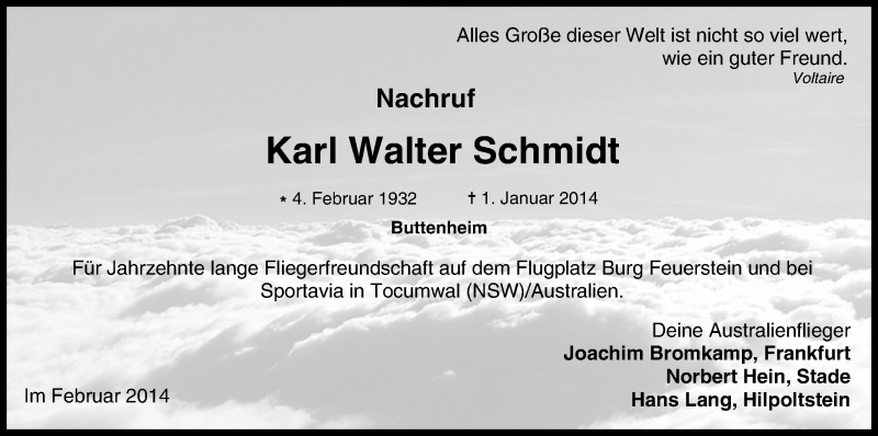  Traueranzeige für Karl Walter Schmidt vom 01.02.2014 aus MGO