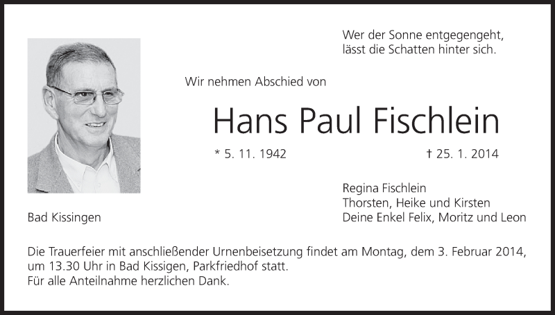  Traueranzeige für Paul Fischlein vom 30.01.2014 aus MGO