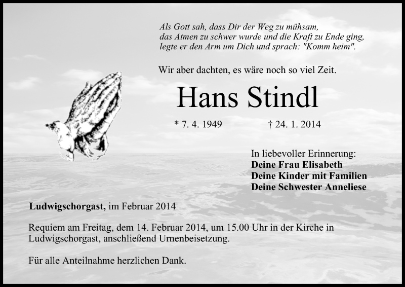  Traueranzeige für Hans Stindl vom 12.02.2014 aus MGO