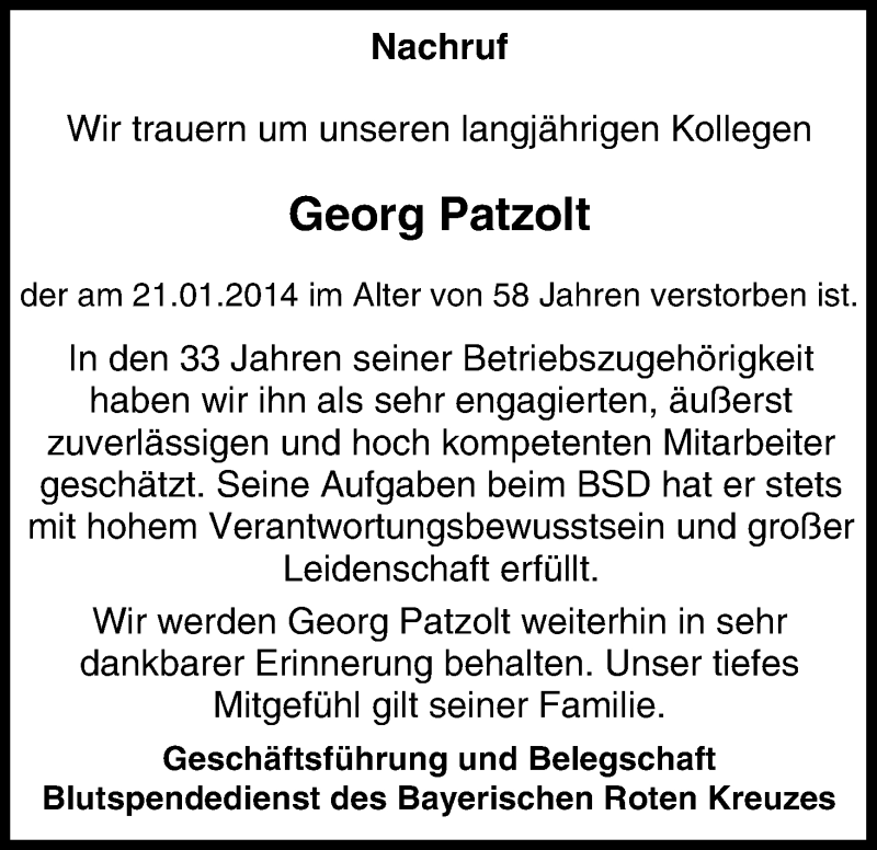  Traueranzeige für Georg Patzolt vom 28.01.2014 aus MGO