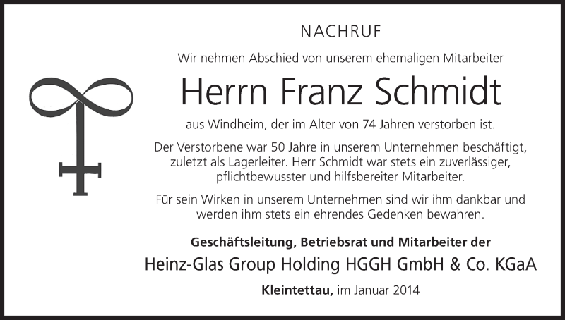  Traueranzeige für Franz Schmidt vom 28.01.2014 aus MGO