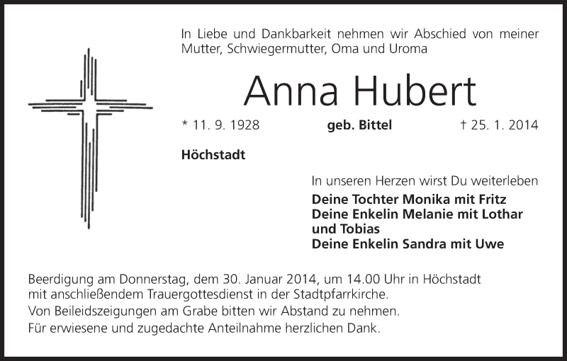  Traueranzeige für Anna Hubert vom 28.01.2014 aus MGO