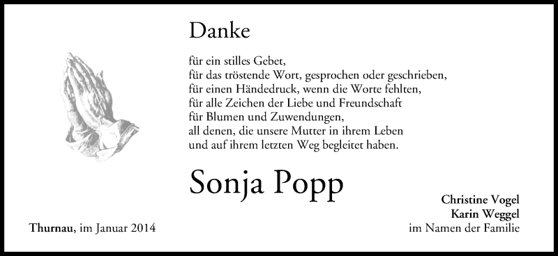  Traueranzeige für Sonja Popp vom 01.02.2014 aus MGO