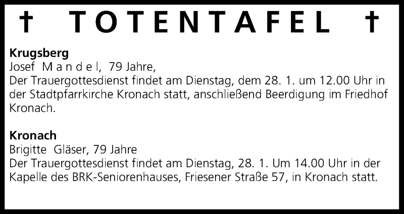  Traueranzeige für Totentafel vom 28.01.2014 vom 28.01.2014 aus MGO