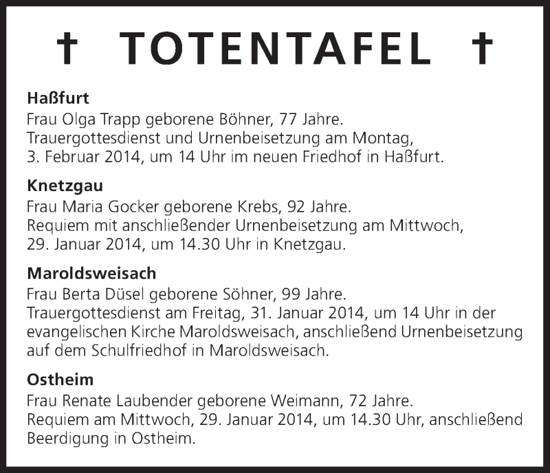  Traueranzeige für Totentafel vom 29.01.2014 vom 29.01.2014 aus MGO