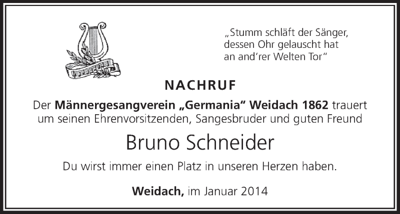  Traueranzeige für Bruno Schneider vom 30.01.2014 aus MGO