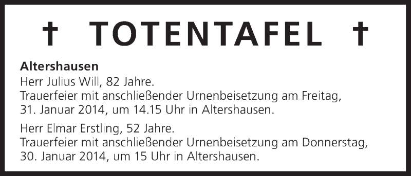  Traueranzeige für Totentafel vom 30.01.2014 vom 30.01.2014 aus MGO