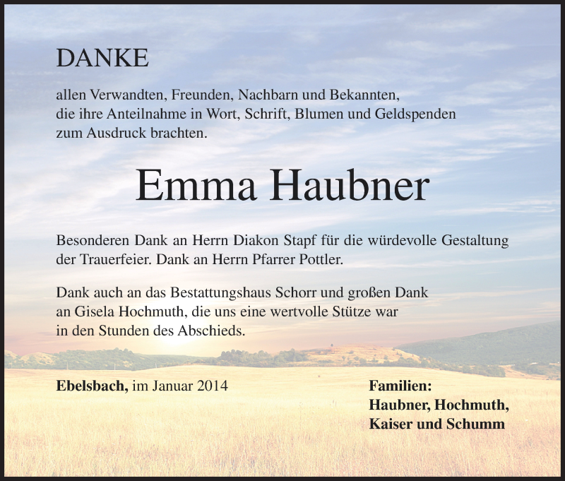 Traueranzeige für Emma Haubner vom 31.01.2014 aus MGO